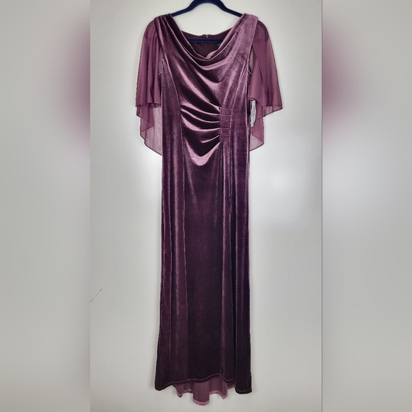 NWT R&M Richards Petite Chiffon-Cape Cowlneck Velvet Gown in Wine Size 4P - Picture 4 of 15